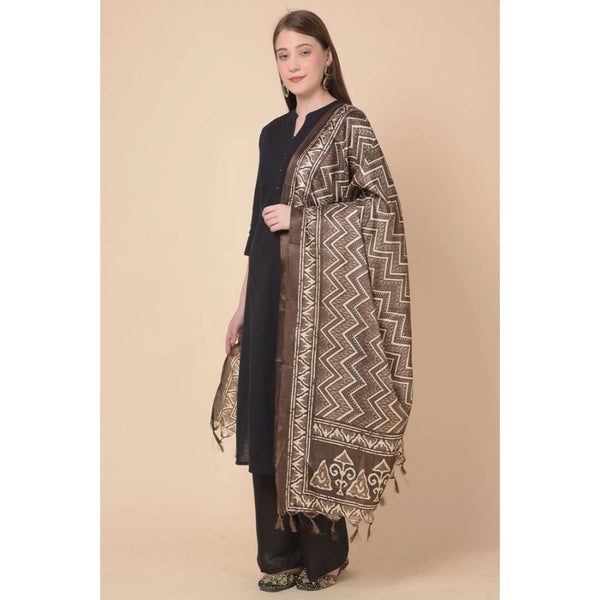 Generic Women's Art Silk Printed Dupatta (Brown, Length: 2.25 to 2.50 Mtr)