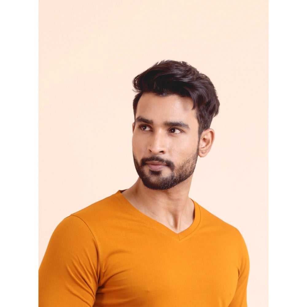 Generic Men's Casual Cotton Solid V Neck Full Sleeve T-Shirt  (Mustard)