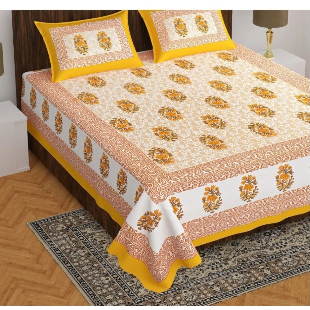 Generic Cotton Printed Queen Size Bedsheet With 2 Pillow Covers (Yellow, 90x100 Inch)