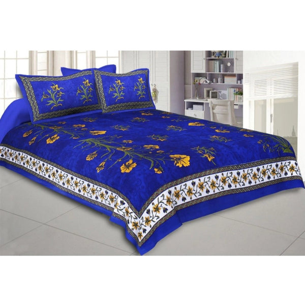 Generic Cotton Printed Queen Size Bedsheet With 2 Pillow Covers (Blue, 90x100 Inch)