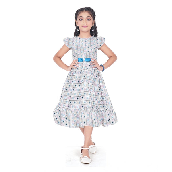 Generic Girl's Twill Printed Short Sleeve Round Neck Dress (Grey)